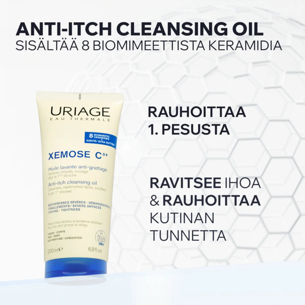 Uriage Xemose C8+ Anti-Itch Cleansing Oil puhdistusöljy sisältää 8 biomimeettistä keramidia