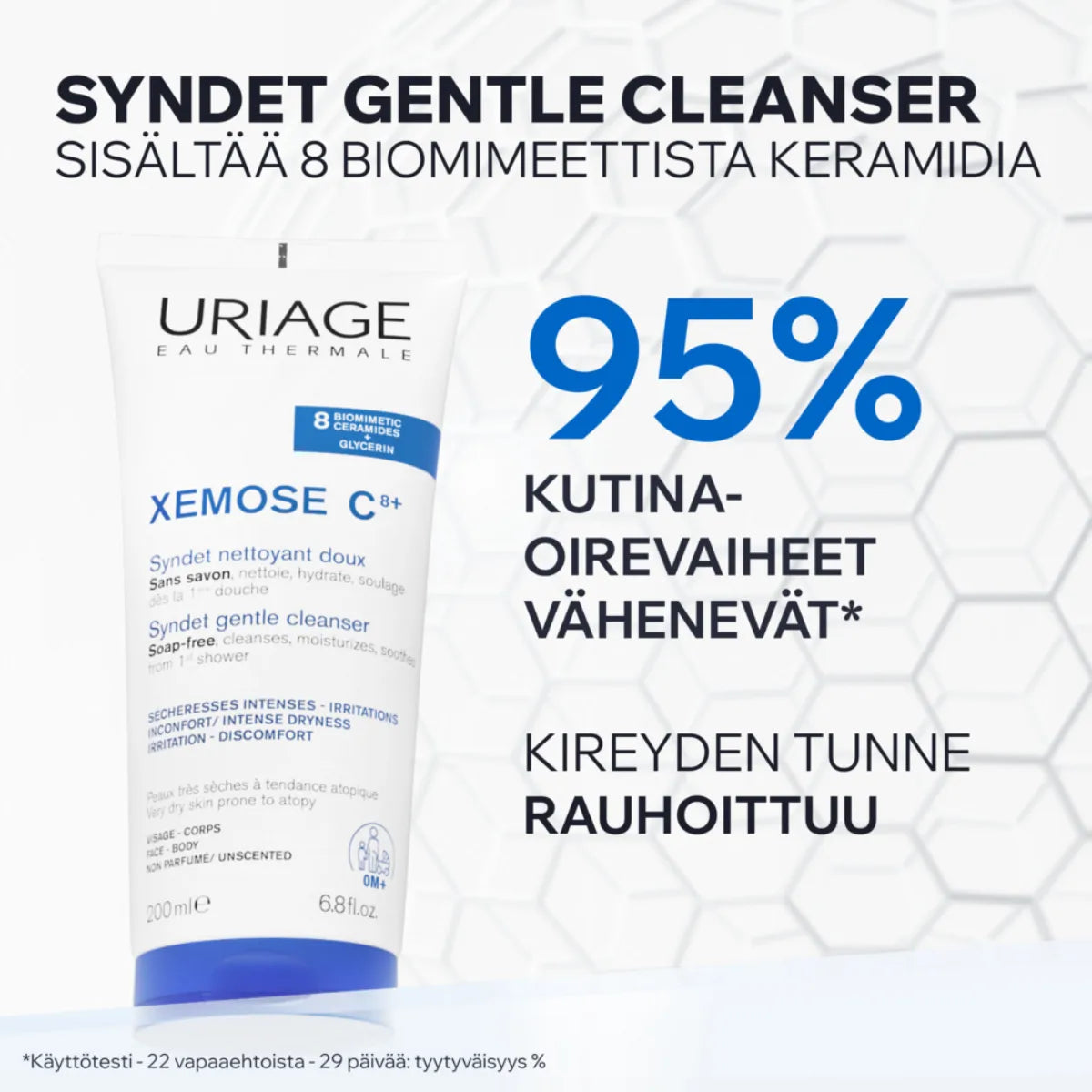 Uriage Xemose C8+ Syndet Gentle Cleanser sisältää  biomimeettistä keramidia, vähentää kutinaa