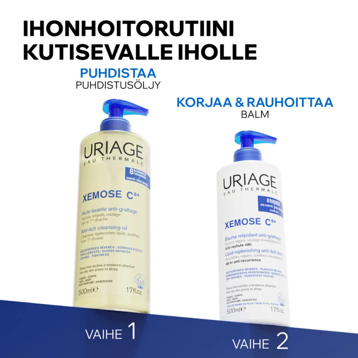 Uriage Xemose C8+ Anti-Itch Cleansing Oil puhdistusöljyn ihonhoitorutiini kutisevalle iholle