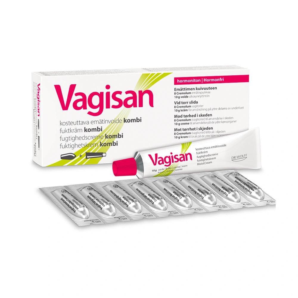 VAGISAN Kombi -yhdistelmäpakkaus 8 puikkoa + 10 g voide lievittää emättimen kuivuudesta johtuvia oireita