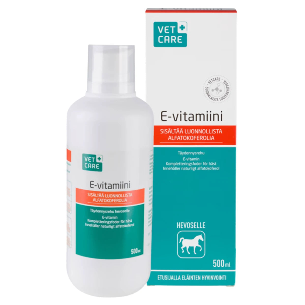 VETCARE E-vitamiini hevosille 500 ml täydennysrehua, joka sisältää luonnollista alfatokoferolia annettavaksi rasituksen yhteydessä