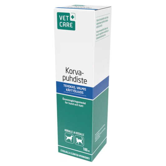 VETCARE Korvapuhdiste 100 ml sisältää korvavahaa poistavia ainesosia sekä maitohappoa ja salisyylihappoa