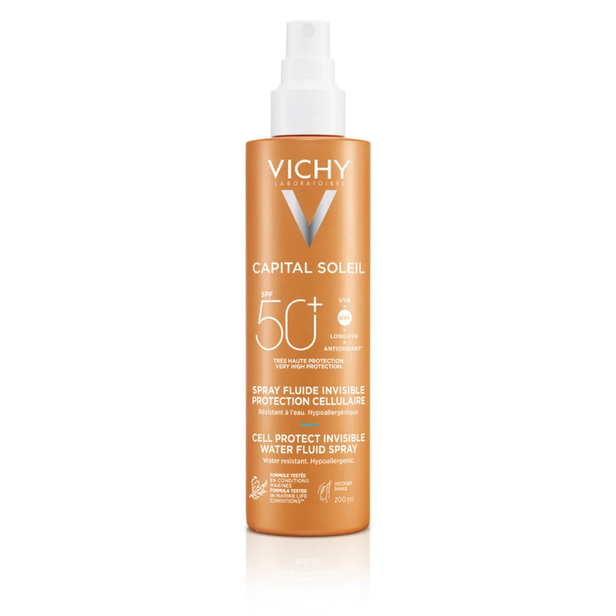 Vichy Capital Soleil Cell Protect SPF50+ Aurinkosuojasuihke 200 ml suojaa ihoa solutasolla auringonsäteiltä