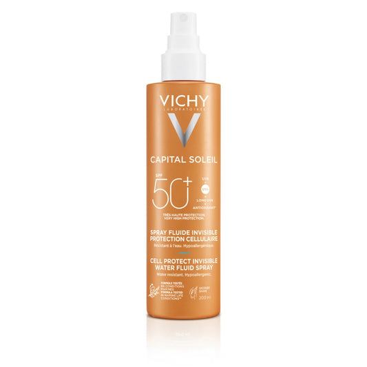 Vichy Capital Soleil Cell Protect SPF50+ Aurinkosuojasuihke 200 ml suojaa ihoa solutasolla auringonsäteiltä