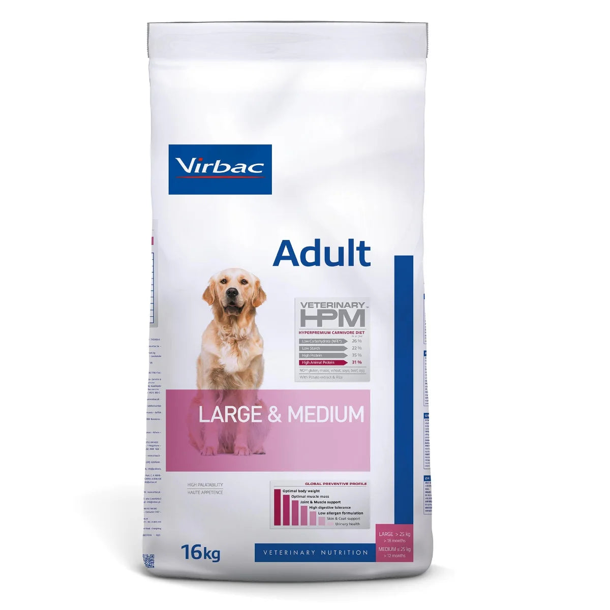 Virbac HPM Dog Adult Large &amp; Medium 16 kg – täysravinto aikuisille keski- ja suurikokoisille koirille