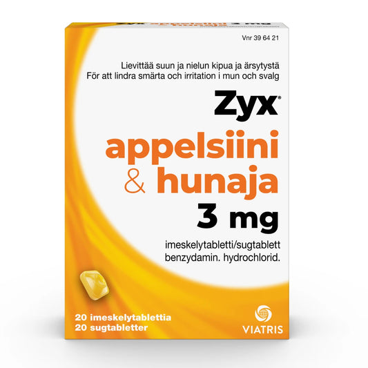 ZYX Appelsiini & Hunaja 3 mg imeskelytabletti 20 kpl lievittää suun ja nielun kipua ja ärsytystä