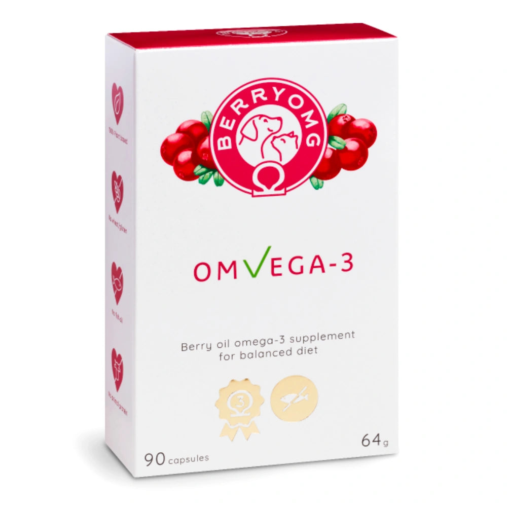 BERRYOMG OMvEGA-3 kasvipohjainen omega-3-rasvahappovalmiste koirille ja kissoille 90 kapselia