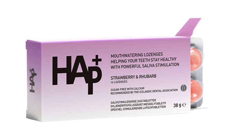 HAP+ Imeskelytabletti mansikka & raparperi suun kostutukseen 16 kpl