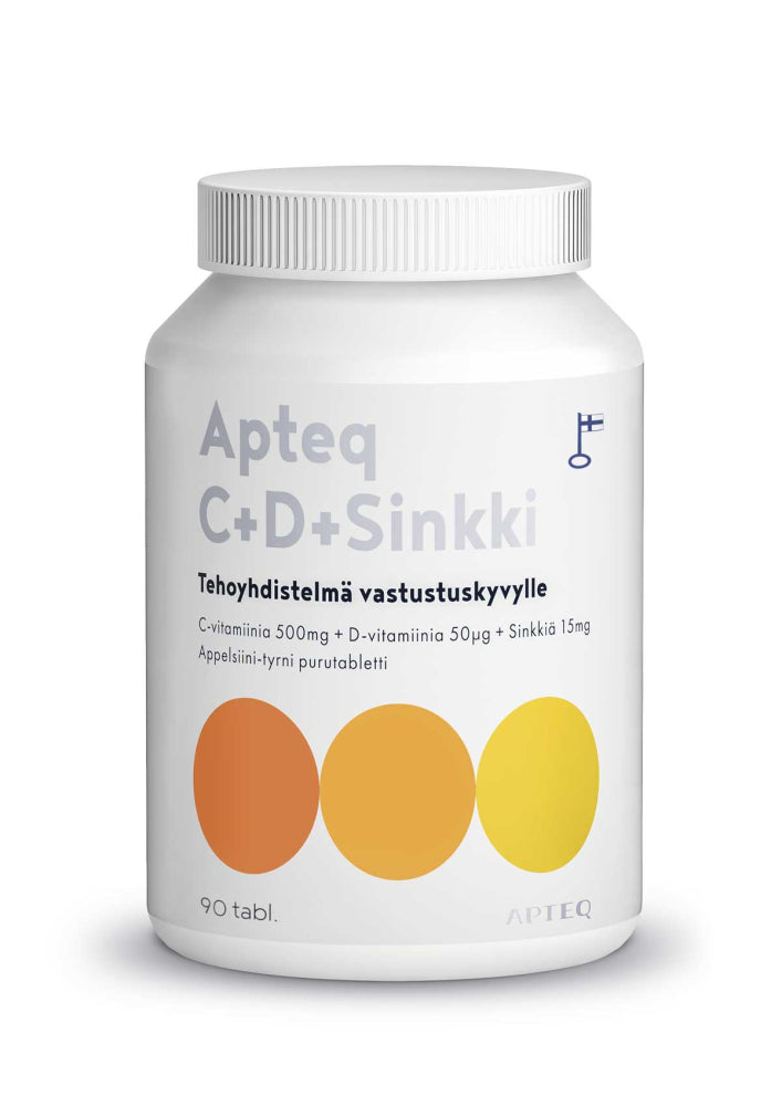 APTEQ C+D+Sinkki appelsiinin- ja tyrninmakuinen purutabletti 90 tablettia