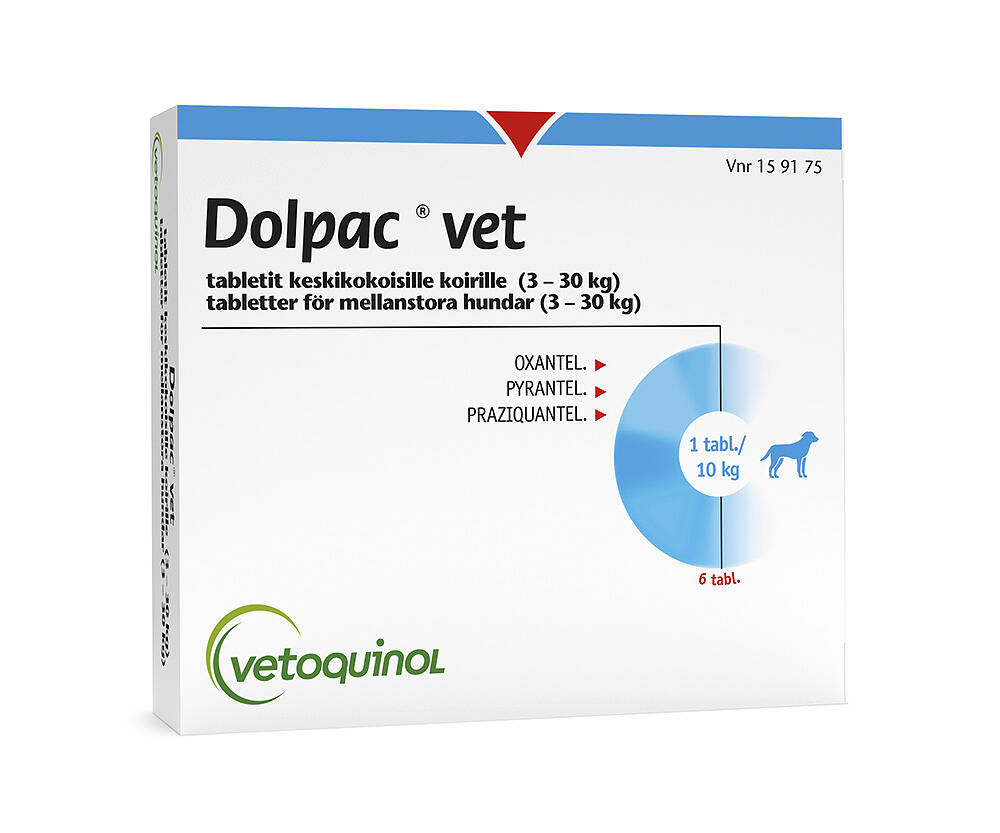 DOLPAC VET TABLETIT KESKIKOKOISILLE KOIRILLE 50 mg/144 mg/200,28 mg (3-30 kg) 6 tablettia