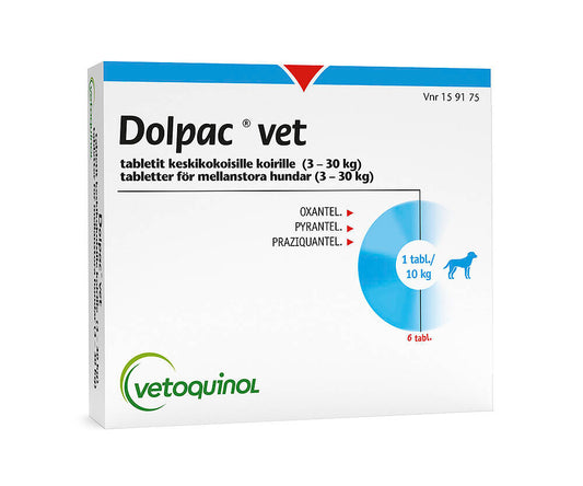 DOLPAC VET TABLETIT KESKIKOKOISILLE KOIRILLE 50 mg/144 mg/200,28 mg (3-30 kg) 6 tablettia